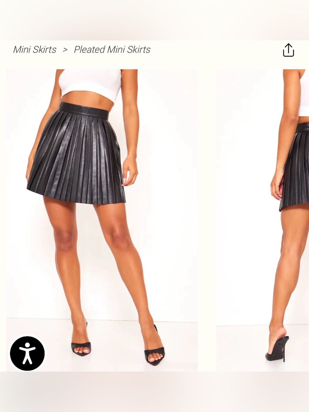 Black Pleated Faux Leather Mini Skirt